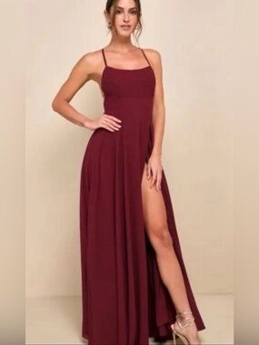 Lulus Burgundy High Neck Cross Back Maxi Dress Formal Gown Slit Size M
